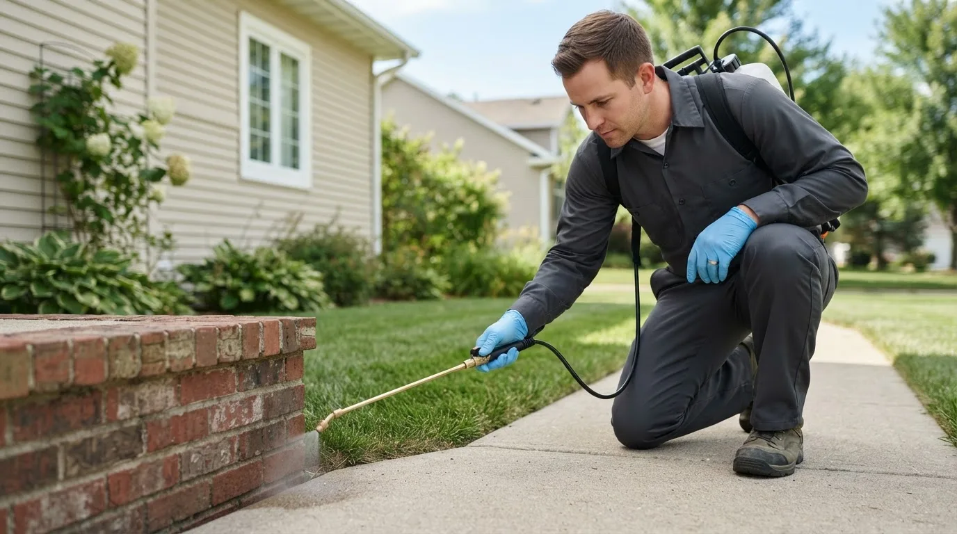 Pest control technician treating a home near Buffalo, OH